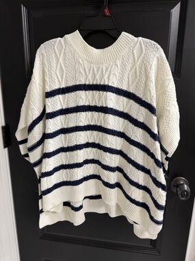 J.Crew Cable Knit Sweater Cream Navy Stripe Oversized Cotton Blend NWT